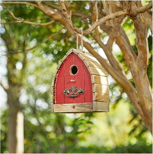 Glitzhome 8.5" H Washed Red Distressed Solid Wood Birdhouse Garden Hanging Bird House for Outdoors