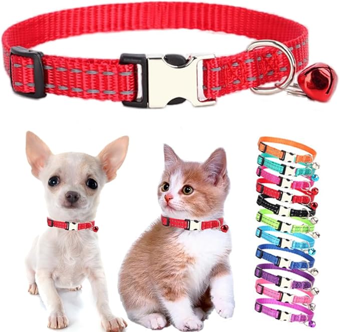 Red Puppy Collar with Bell, Reflective Nylon XS Dog Collars Soft Adjustable Buckle for XXS XSmall Small Dogs Tiny Pets Cats Boy Girl Kitten Yorkie Chihuahua X-Small