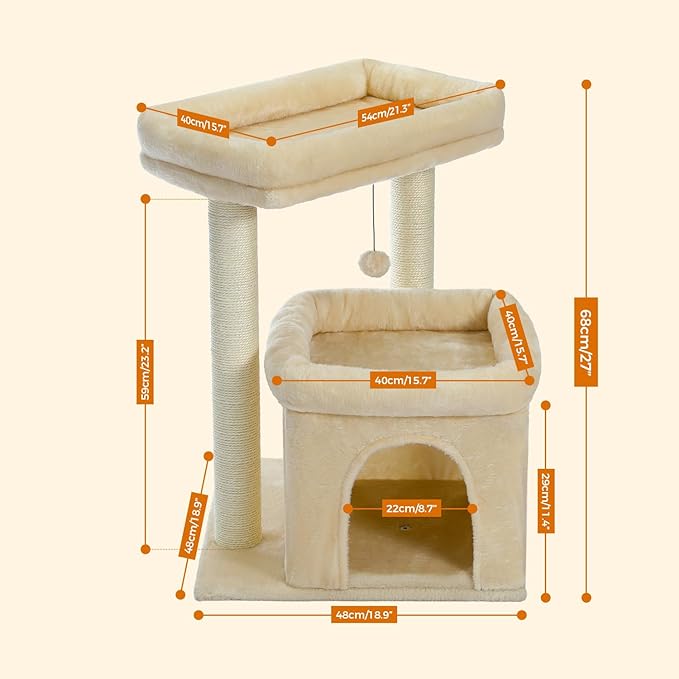 27" Cat Tree for Medium Cats, Cat Tower with Large Top Perch, Full Wrapped Natural Sisal Scratching Posts for Indoor Cats with Spacious Condo & Toy Ball, Beige