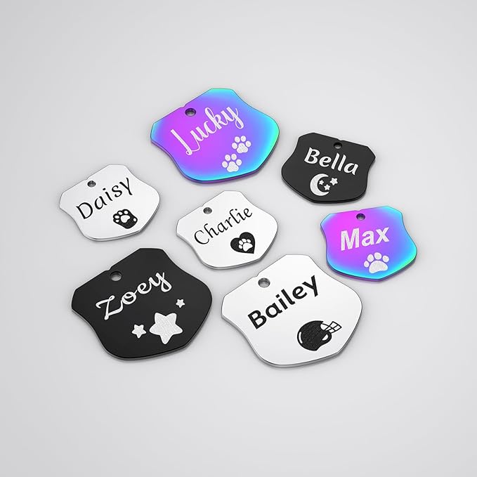 Dog Tags Engraved for Pets - YEHANTI Personalized Dog Tags with Lovely Icons, Durable Stainless Steel Pet ID Tags for Small Large Dogs Cats, Custom Dog Name Tags Engraved on Both Sides (Badge)