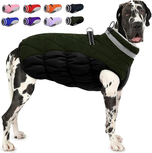 AOFITEE Dog Coat, Warm Dog Winter Coat for Large Dogs, Reflective Turtleneck Dogs Jacket with Harness Built in, Waterproof Windproof Pet Puffer Jacket Fleece Vest for Cold Weather, Green XXXL