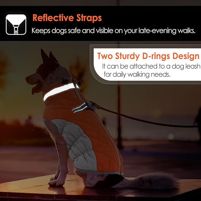 AOFITEE Dog Coat, Warm Dog Jacket, Reflective Winter Coats for Medium Dogs, Turtleneck Dogs Winter Jacket with Harness Built in, Waterproof Windproof Pet Fleece Vest Puffer Jacket, Orange M