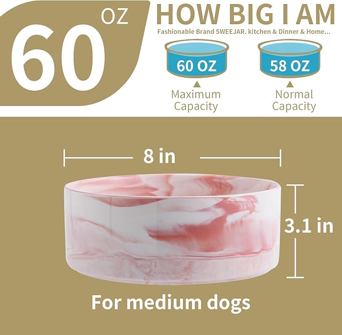 8 in Dog Bowl Ceramic for Medium Large Sized Breed,Retrievers,7.6 Cups Non Slip Heavy Weighted Dog Food Water Dish,Big Pet Bowl Marble Pink