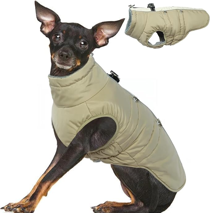 Dog Coat - XS, Warm Zip Up Snowsuit Dog Harness Vest, Reflective Water-Resistant, Apricot