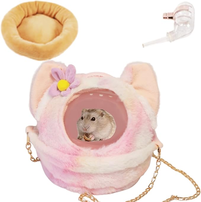 Hamster Carrier Cage with Lovely Cover and Chain Portable Cages Small Animals Carry Travel Case with Water Bottle Plastic Breathable Outgoing Cage for Dwarf Hamster Guinea Pig (Pink)
