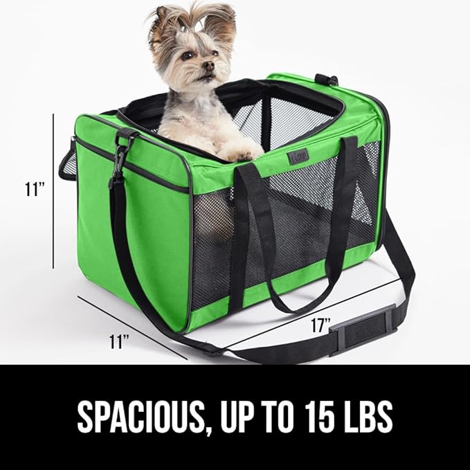 GORILLA GRIP Cat Carrier Travel Bag Up to 15 Lbs, Soft Collapsible Small Dog Carriers, Top and Side Entry Breathable Mesh, Grip Feet on Underside, Cozy Washable Waterproof Pad, Portable Kennel, Green