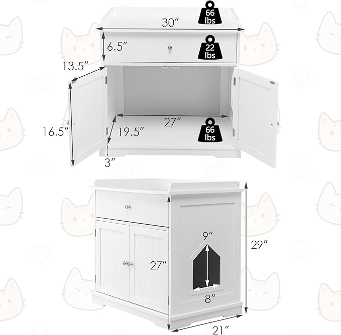PETSITE Cat Litter Box Enclosure, Large Cat Washroom End Table with Drawer & 2 Doors, Wooden Cat House Storage Cabinet, Hidden Litter Box Furniture, White
