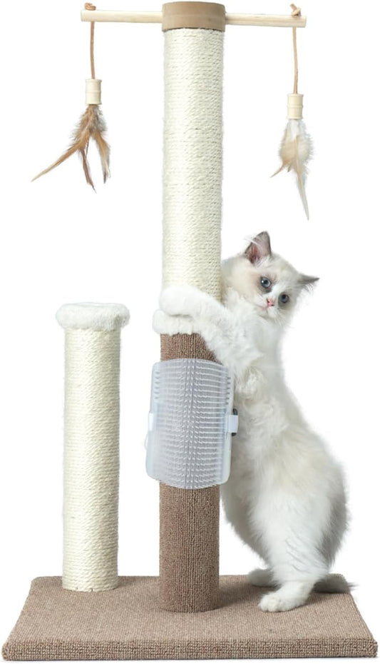 PAWSFANS Cat Scratching Post 30 Inches Tall Sisal Carpet Vertical Scratch Posts for Indoor Cats and Kittens,with Hanging Ball and Bursh Beige
