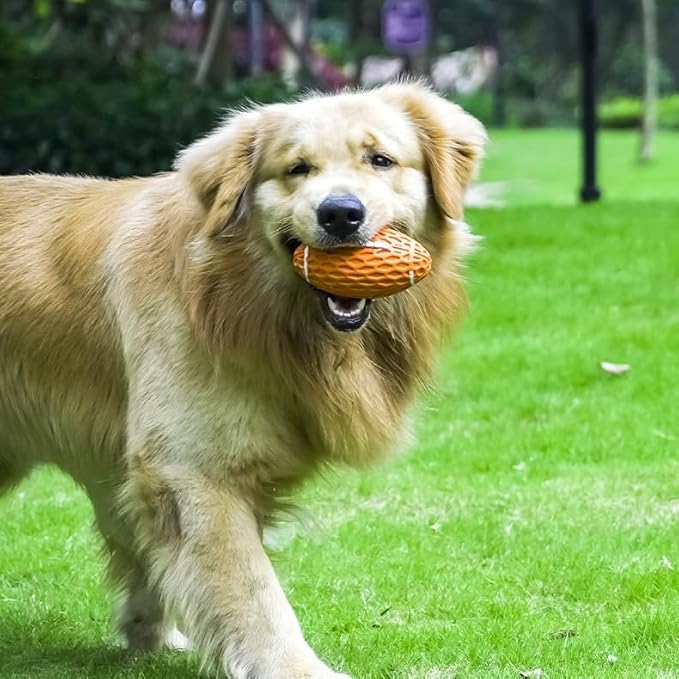 AUSCAT 2PCS Squeaky Dog Football Toy for Aggressive Chewers, Tough Rubber Dog Ball for Medium Large Dogs, Green and Orange, Large, 5.5"