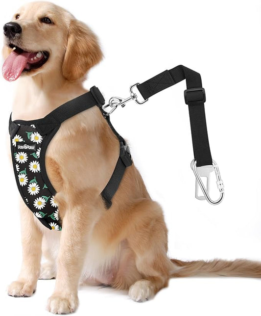Dog Seat Belt, Safety Vest Dog Car Harness with Adjustable Buckle Dog Seat Belt for Vehicle Nylon Pet Safety Seat Belts Heavy Duty(L, Black Daisy)