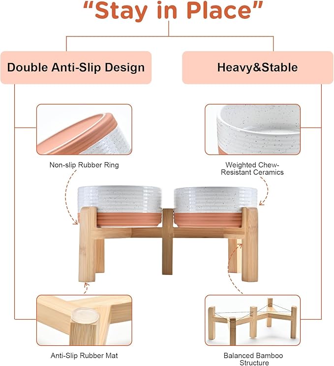 SPUNKYJUNKY Elevated Dog Bowls Ceramic, 6.1'' Dogs and Cat Food Water Bowls Raised with Non-Slip Bamboo Stand for Medium Sized Breed Microwave Dishwasher Safe - 28.7 OZ,Pattern White