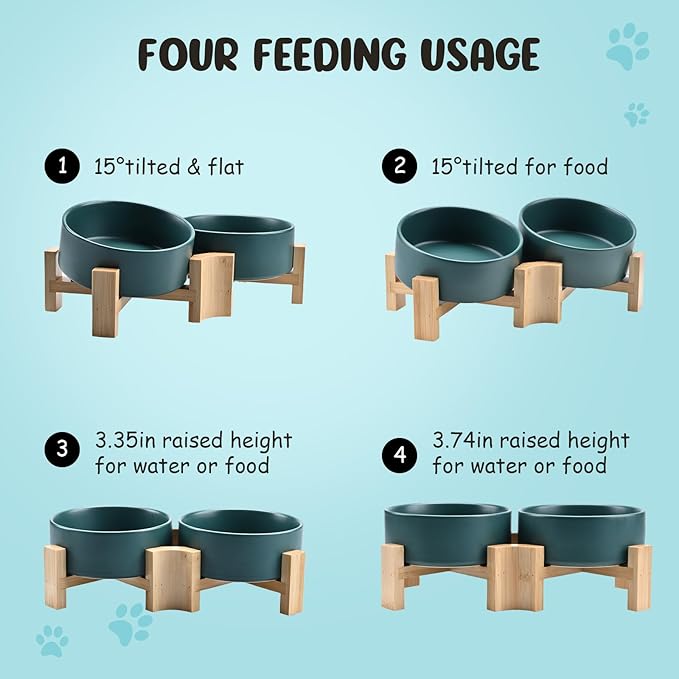 SPUNKYJUNKY 15° Slanted Ceramic Dog and Cat Bowl with Wooden Stand, Tilted Bulldog Food and Water Bowl No Slip Non-Spill for Cats Medium Dogs Big Face Pets 13.5 OZ (1.7 Cups, Green × 2)