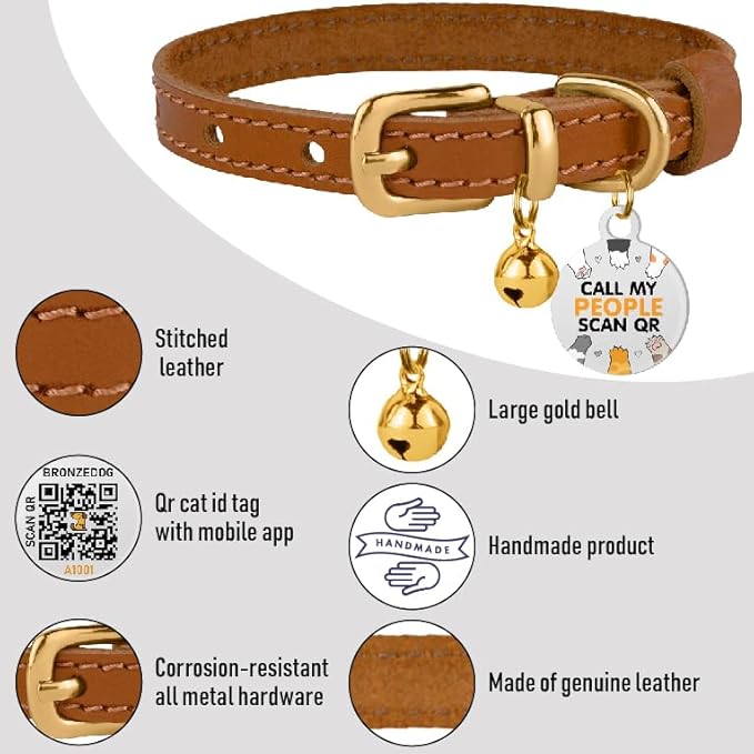 BRONZEDOG Leather Cat Collar with Removable Bells Non Breakaway Kitten QR Tag for Girl Boy (9" - 12" Cats/Mini Dogs, Light Brown & Gold)