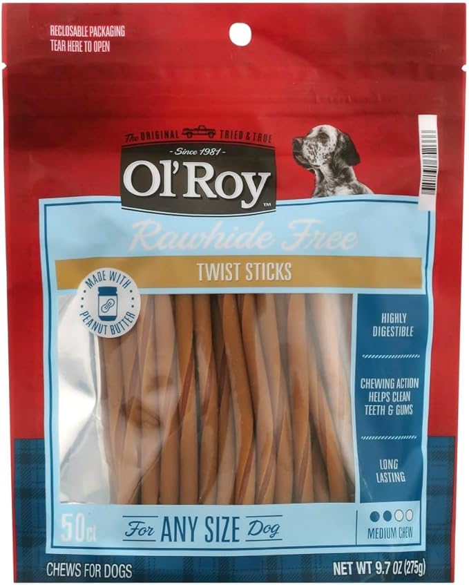 Rawhide-Free Peanut Butter Twist Sticks for Dogs – 50 Count Chews Made with Real Chicken & Peanut Butter – Long-Lasting, Highly Digestible Treats – Medium Chew Helps Clean Teeth & Gums
