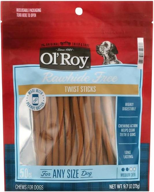 Rawhide-Free Peanut Butter Twist Sticks for Dogs – 50 Count Chews Made with Real Chicken & Peanut Butter – Long-Lasting, Highly Digestible Treats – Medium Chew Helps Clean Teeth & Gums