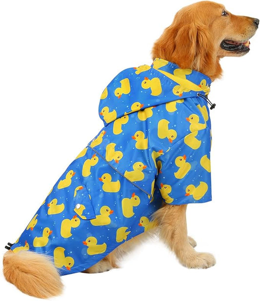 HDE Dog Raincoat Poncho Double Layer Zip Rain Jacket with Removable Hood, Leash Hole for Small to 3XL Dogs and Puppies Ducks Blue - 3XL