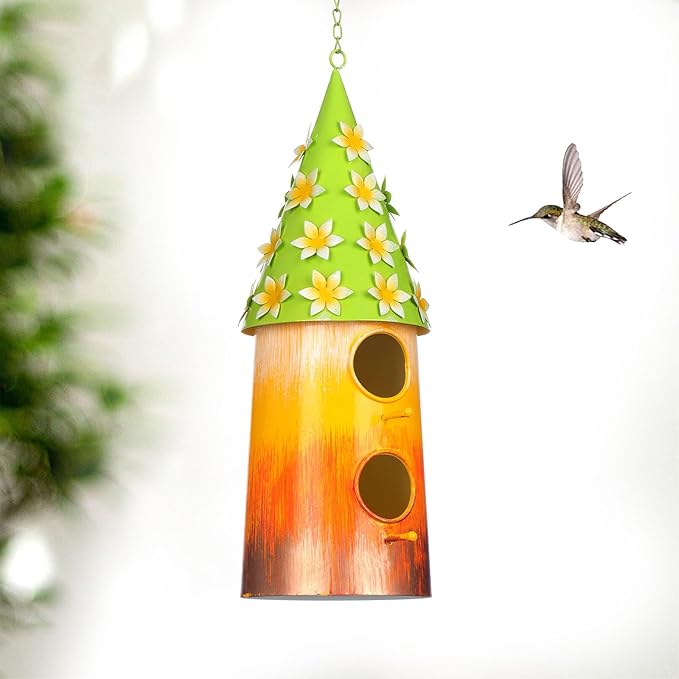 BAYN Hanging Bird House for Outside, 2 Story Double Hole Metal Birdhouse for Outdoor Hanging Handwork Bird Nest Decorative Garden Decor Outdoor