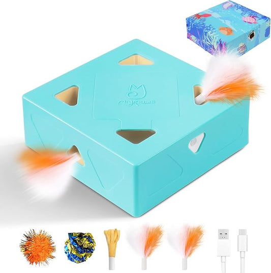 Migipaws Automatic MigiBox Cat Toys 3 n1 Interactive Pounce Mystery Under PopSkin 7 Holes Cardboard Kitten Toys for Indoor Rechargable 6 Accessories(Blue)