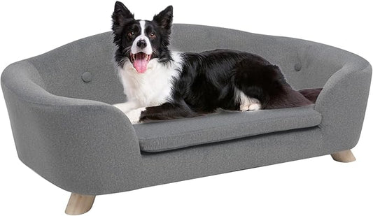 SHAVI Large Dog Couch, 35" Wide Pet Sofa for Large and Medium Dogs with Removable Mattress Cover, Luxury Raised Dog Couch Velvet Lounging Bed with Anti-Slip Bottom(Grey)
