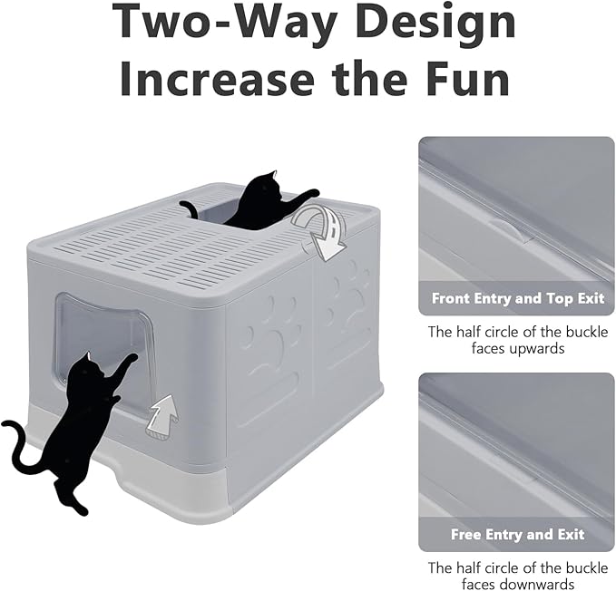 XL Foldable Cat Litter Box with Lid - Jumbo Enclosed Potty - Top Entry Anti-Splashing Toilet - Includes Scoop & 2-in-1 Cleaning Brush (Grey)