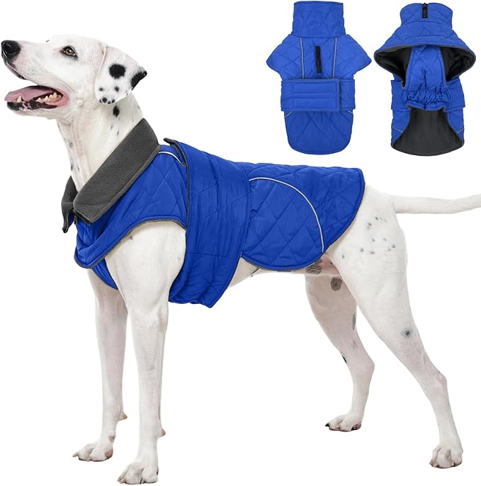 Kuoser Dog Coat, Extra Warm Dog Jacket Windproof Dogs Cold Weather Coats for Large Dogs, Fleece Lining Turtleneck Puppy Snowsuit Reflective Adjustable Pet Winter Clothes Christmas, Blue L