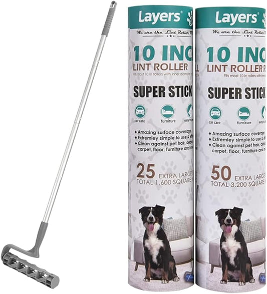 Layers Large Mega 10in Wide Roller 75 Sheets, 2 Pack Wide Refills with 4-Foot Extendable Handle