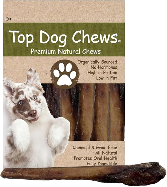 Top Dog Chews - Extra Thick 12 Inch Bully Sticks, 5 Pack. 100% Natural Beef, Long Lasting, Free Range, Grass Fed, Supports Dental Health & Easily Digestible, Treat for Medium & Large Dogs