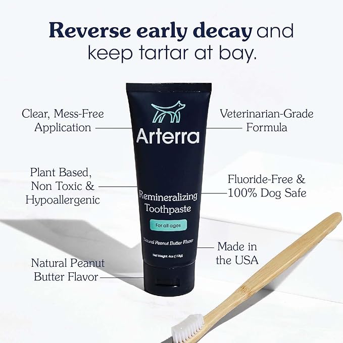 Remineralizing Dog Toothpaste – Vet-Grade, with Nano-Hydroxyapatite, Reverses Early-Stage Decay, Cleans Teeth, Reduces Tartar, Freshens Breath by Arterra Pet Science, Plant-Based, Natural Flavor, 4oz