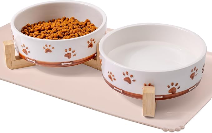 Dog Bowls with Wood Stand, 1.7 Cups Ceramic Puppy Bowls with Mat for Small Dog Weighted Water and Food Bowl Set for Dogs Cats, Non-Slip Pet Feeding Dish 13.5 Oz