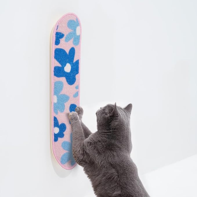 Wall Mounted Cat Scratching Board Skateboard Style (24"x6") - Reusable Wooden Board + Replaceable Cat Scratcher Map with Mounted Setup