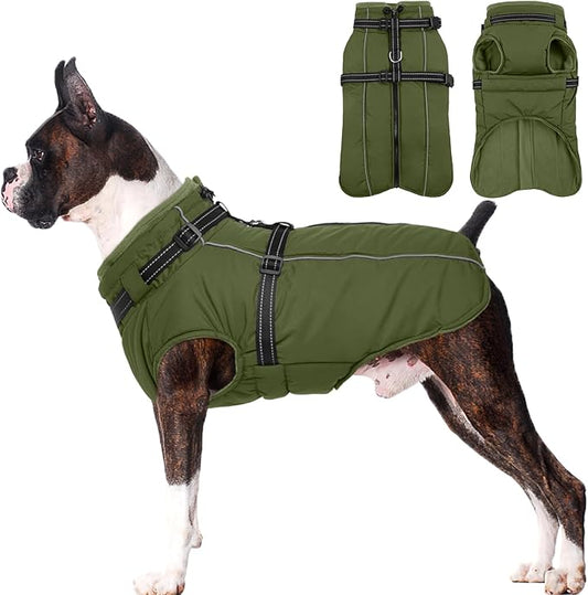 Lelepet Waterproof Dog Jacket with Harness Built in Warm Dog Winter Coat, Reflective Fleece Jacket, Dogs Coats for Medium Dogs, Thermal Turtleneck Pet Snowsuit for Outdoor, Schnauzer, Army Green, M