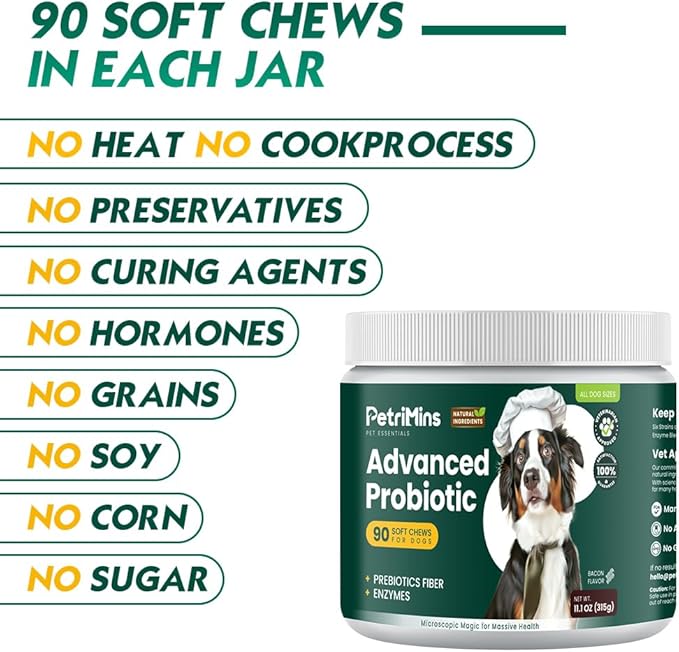 Advanced Probiotic for Dogs, Supports Digestive Health, Immune Health, Gut Health, Improves Nutrient Absorption - Six Strains of Probiotics - Inulin - Enzyme Blend, 90-Count, Bacon