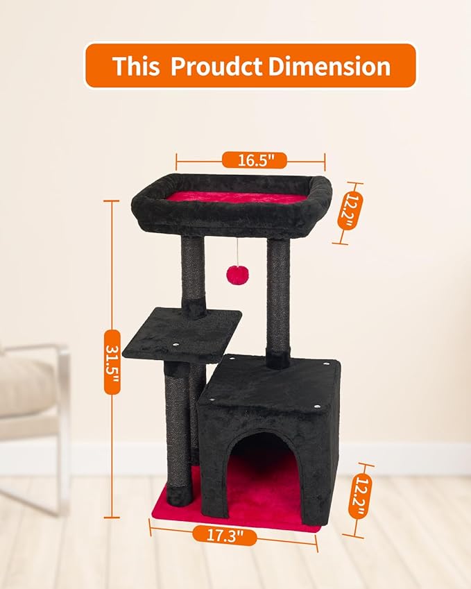 FISH&NAP Cute Cat Tree Kitten Cat Tower for Indoor Cat Condo Sisal Scratching Posts with Jump Platform Cat Furniture Activity Center Play House RedBlack