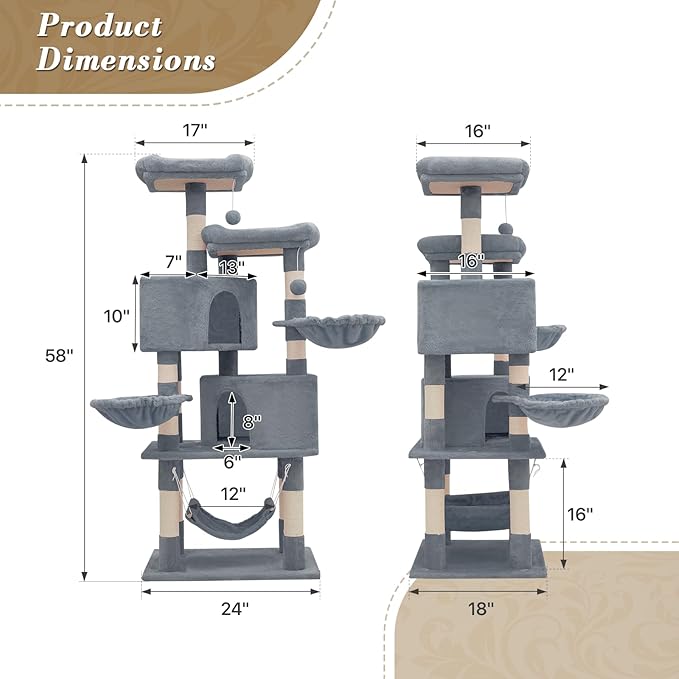 Athena Collection Cat Tree Tower, Modern 58 Inch Tall Cat Tree Claimbing Tower with Scratching Post 2 Condo 3 Hammocks Multi-Level Activity Platform and Playing Ball for Indoor Large Adult, Grey