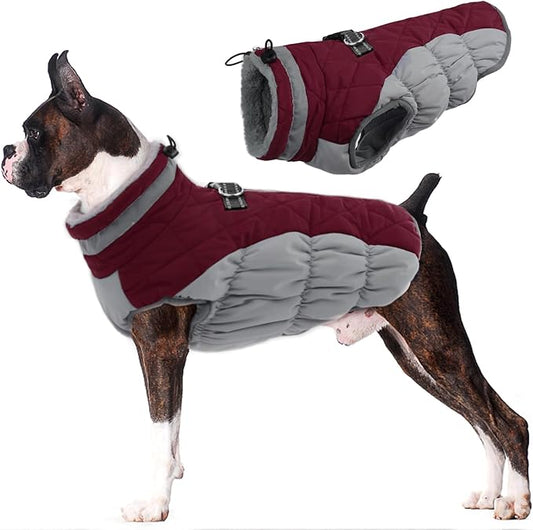 Lelepet Dog Coat Warm Dog Winter Coat Waterproof Dogs Jacket with Harness Built in Reflective Pet Fleece Vest Zip-Up Cold Weather Coats for Large Dogs Turtleneck & Windproof Coats Pitbull Wine Red 2XL