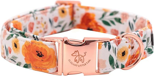 Elegant little tail Fall Dog Collar, Pet Collar Durable Orange Floral Dog Collars Male or Female Holiday Pet Gift Adjustable Dog Collar for X-Small Dogs