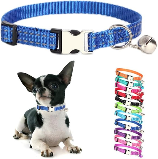 Blue Puppy Collar with Bell, Reflective Nylon XS Cat Collars Soft Adjustable Buckle for XSmall Small Puppy Female Tiny Pets Dogs Boy Girl Kitten Yorkie X-Small