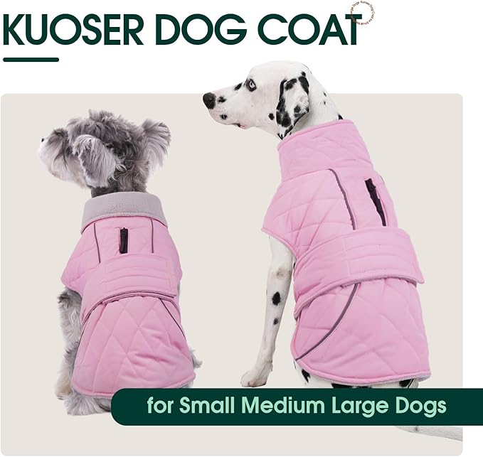 Kuoser Dog Coat, Extra Warm Dog Jacket Windproof Dogs Cold Weather Coats for Medium Dogs, Fleece Lining Turtleneck Puppy Snowsuit Reflective Adjustable Pet Winter Clothes Christmas, Pink M