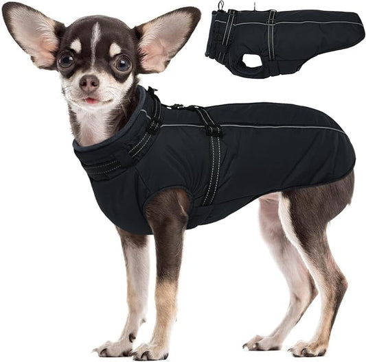 Lelepet Waterproof Dog Jacket with Harness Built in Warm Dog Winter Coat, Reflective Fleece Jacket Jacket, Dogs Coats for Small Dogs, Thermal Pet Snowsuit for Cold Weather Chihuahua, Maltese, Black XS