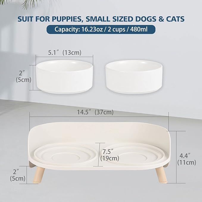 Raised Cat Food and Water Bowl Set - Elevated Ceramic Dishes With Non-Slip Stand and Splash Guard for Small Dogs - 2 x 480 ML (16.2 OZ)