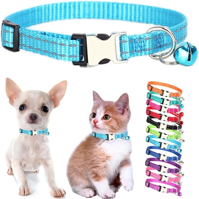 Light Blue Cat Collar with Bell, Reflective Nylon X-Small Puppy Collars Soft Adjustable Buckle for XXS XSmall Small Puppy Female Tiny Pets Dogs Boy Girl Kitten Yorkie Chihuahua XS