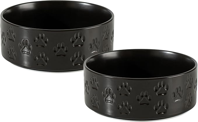 Ceramic Dog Bowl Set with Anti-Slip Rings for Medium Breed Dogs, 7.3" Food and Water Bowls, Pet Dishes for Medium-Sized Dogs (Double Bowls - Black, 7.3 inch)
