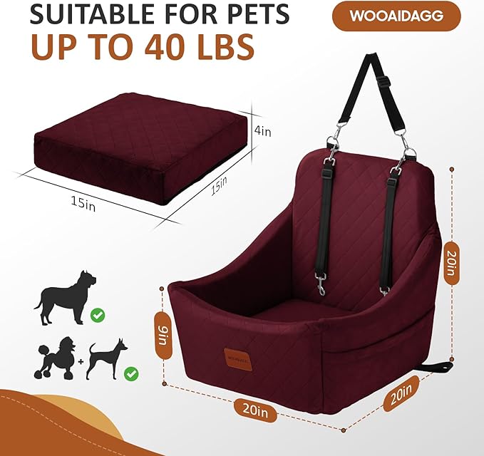 Dog Car Seat for Medium Sized Dogs Up to 40lbs,Comfy Pet Travel Car Bed with Seat Belt Channle,Fully Detachable and Washable,Adjustable Straps,2 Side Pockets,Easy to Install (Red)