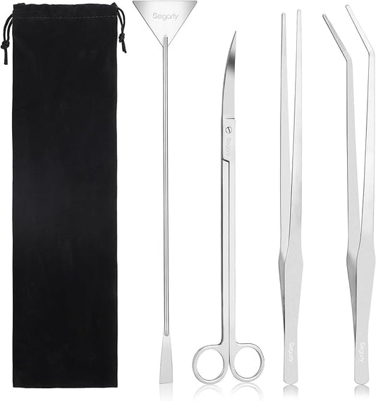 Segarty Longer Aquarium Aquascaping Tools, 4 in 1 Stainless Steel Silver Aquarium Tools Kit for Aquatic Plant Fish Tank, Scraper Spatula Feeding Tweezers Curved Scissors Anti Rust Aquascape Set