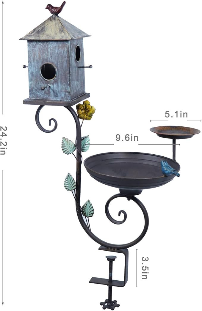 Deck Bird Bath, 3 in 1 Metal Bird Bath and Bird Houses, Decorative Deck Mounted Bird Baths, Detachable and Adjustable Sturdy Deck Bird Bath for Outdoor Porch Yard Garden Decoration