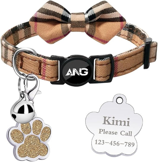 Personalized Breakaway Cat Collars - ID Tag, Bell, Bowtie - Safety Quick-Release, Customized for Girls & Boys Cats (British Tartan-Brown)