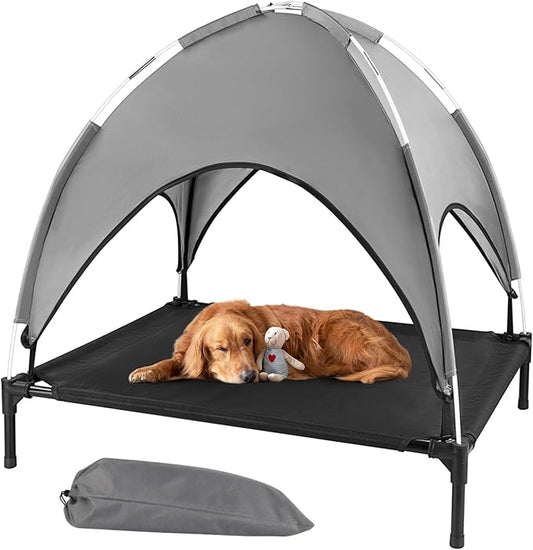 Elevated Outdoor Dog Bed with Canopy, Raised Dog Cot with Shade, Waterproof Dog Tent for Medium Small Dogs Portable Cooling Pet Bed with Breathable Mesh for Camping Beach, L