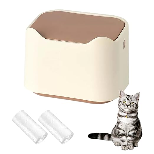 Cat Litter Trash Can Mini Countertop Trash with Press Type Lid Cat Poop Trash Can Includes 60 Refill Bags (Brown)