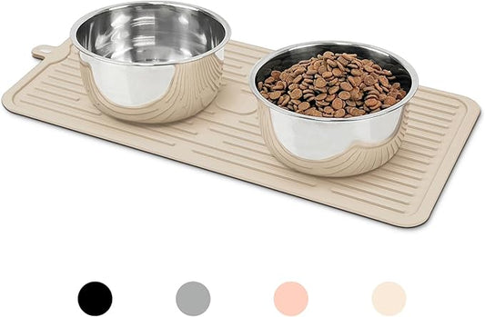 Ptlom Pet Placemat for Dog and Cat, Anti-Slip Waterproof Dogs Feeding Mat Prevent Food and Water Overflow, Bowl Mats Suitable for Medium and Small Pets, Beige, Silicone