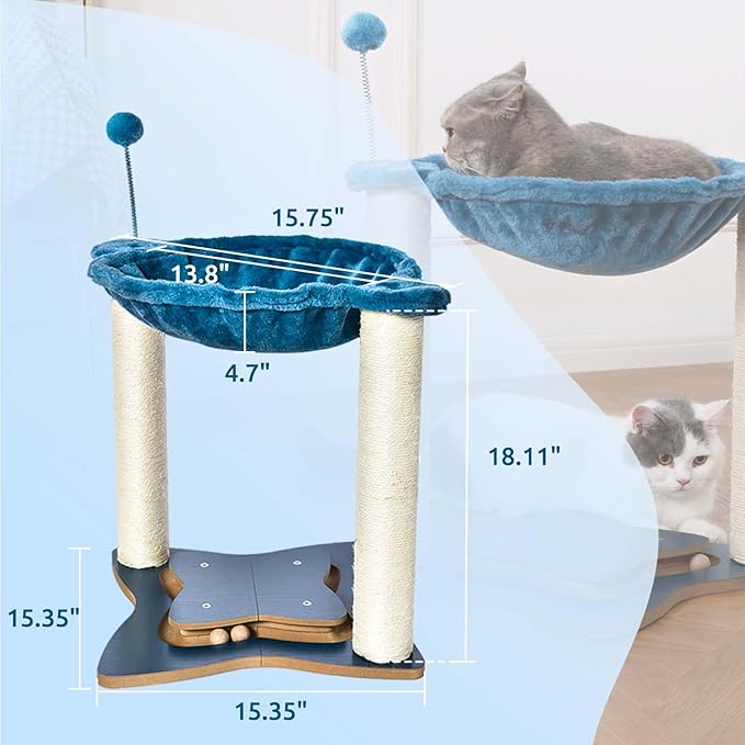 Simple Deluxe Small Cat Tree Tower with Scratching Post, 4-in -1Cat Tree with Hammock,Dangling Ball,Natural Sisal Cat Scratcher,Wooden Interactive Track Ball Base for Indoor Kittens,18inches
